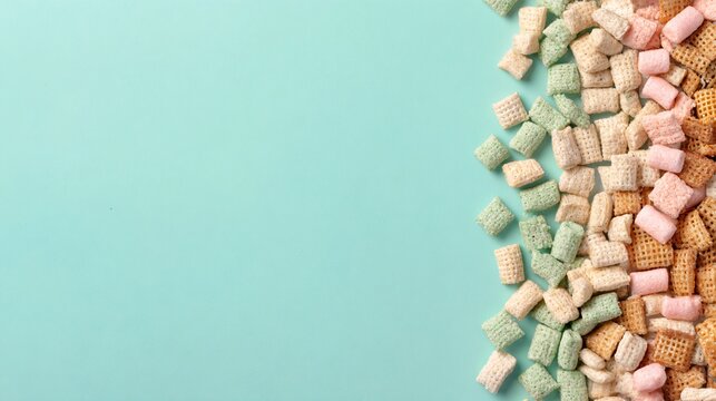 A pastel mint background with puppy chow snack mix aligned vertically along one side leaving large empty space for branding or dessert menu text