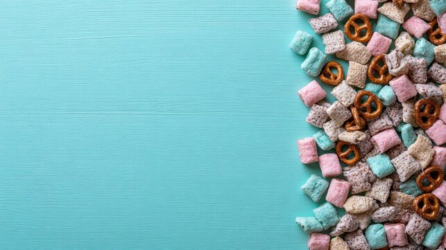 A pastel mint background with puppy chow snack mix aligned vertically along one side leaving large empty space for branding or dessert menu text