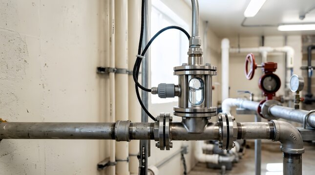 stainless steel inline turbidity monitoring chamber installed on treated water pipeline for continuous quality monitoring