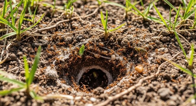 Ant Colony Entrance Busy with Workers in Soil