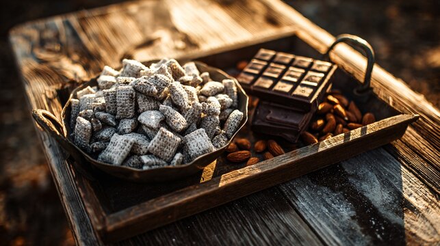 A rustic dessert tray featuring puppy chow mix and chocolate bars under warm sunset lighting on a weathered wooden table