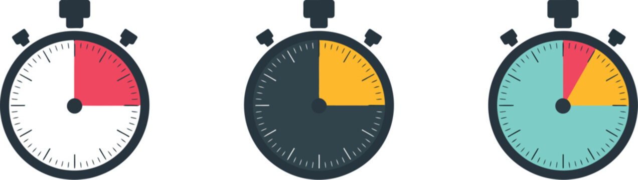 Stopwatch icon set, timer icons, precision time measurement, chronometer, countdown, sports timing, productivity tools, modern vector illustration