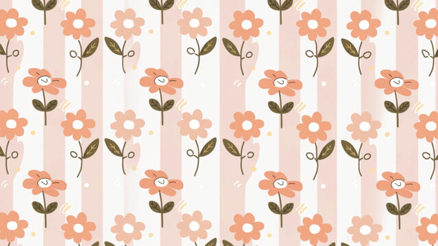 Cute seamless floral pattern hand drawn peach orange flowers with soft sage green leaves vector background 
