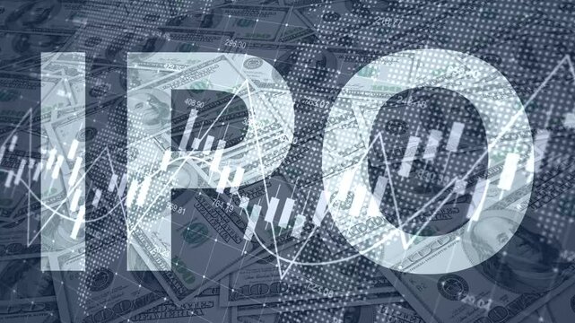 Candlestick chart money fund background, initial public offering IPO with global stock market listing, equity investment analysis and corporate financial growth concept
