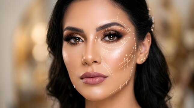 Cosmetic surgery planning with facial analysis lines on a woman's face