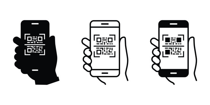 Mobile QR Code Scanner Icon Set, Smartphone Payment Silhouette Vector Illustration