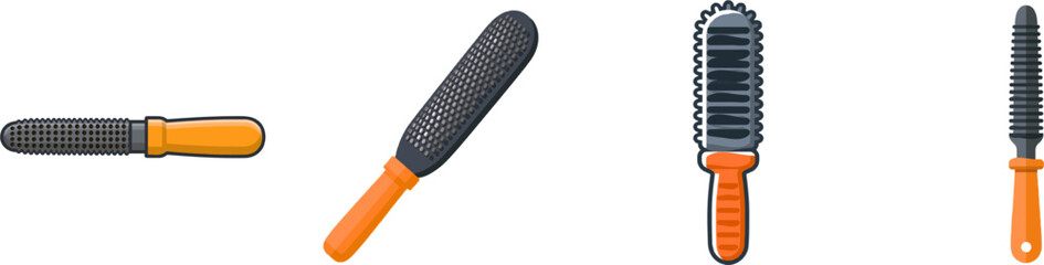 Naklejka premium A minimalist hoof rasp illustration features a flat 2D vector design with clean dark outlines, a solid steel grey body, an orange handle, and no shadows or isometry
