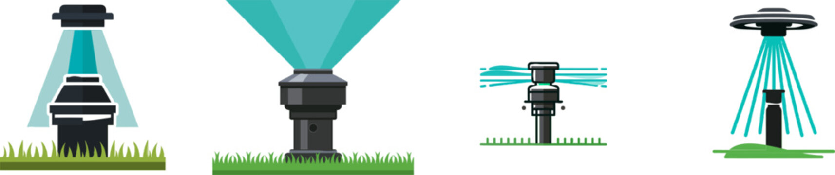 A sleek lawn sprinkler icon in minimalist design, featuring a flat 2D vector illustration with cyan spray, green grass, and black body, isolated on white