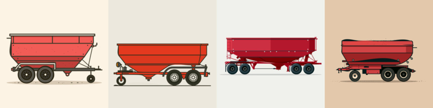 A minimalist red farm manure spreader trailer with black wheels is depicted in an orthographic projection on a solid white background