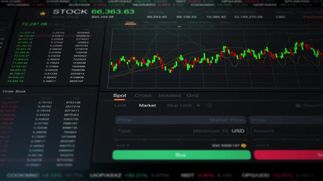 Digital screen display virtual stock trading dashboard with digital market monitor, financial exchange analytics and futuristic investment management interface