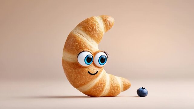 Playful croissant emoticon with eyes and smile among blueberries on minimalist background