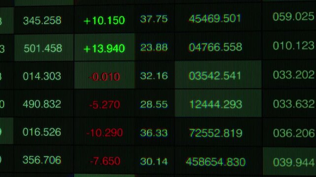 Dynamic Stock Market Data Display Featuring Financial Metrics and Volatile Trading Figures on a Digitally Enhanced Screen.