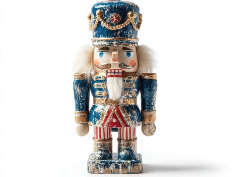 Vintage blue wooden nutcracker isolated on white background