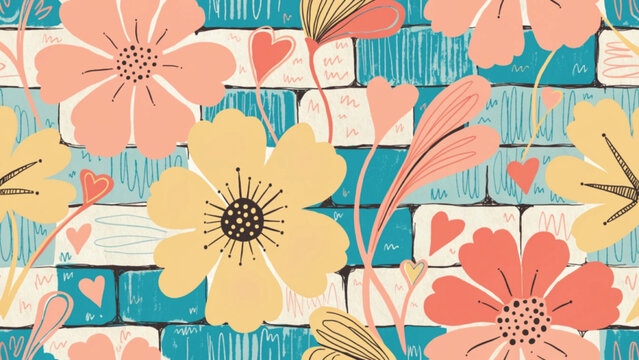Folk Art Retro Floral Patchwork Brick Pattern vector background 
