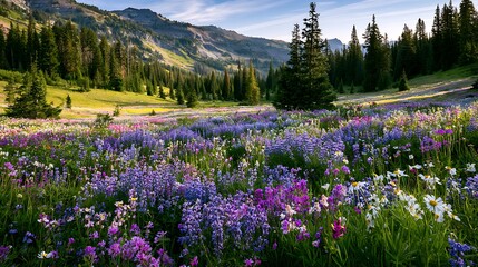 Obraz premium Stunning Alpine Meadow Filled With Vibrant Purple Lupine Wildflowers in Summer.