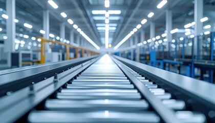 Fototapeta premium Empty Industrial Conveyor Belt Extending Through Modern Automated Factory