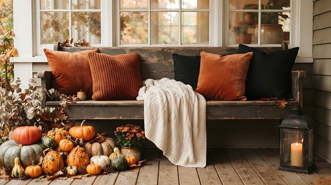 Cozy autumn porch scene with pumpkins and decorative pillows on a bench