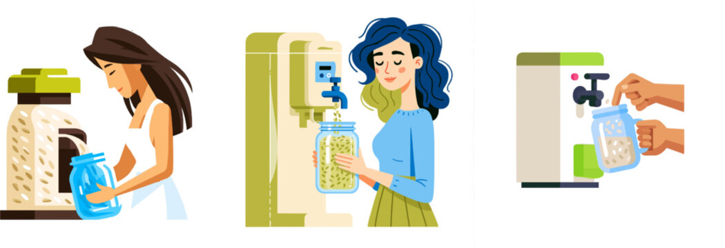 A minimalist vector illustration depicts a woman filling a glass jar from a bulk grain dispenser in a zero waste market store, showcasing sustainable practices with clean lines and solid colors