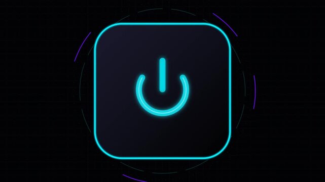 Futuristic neon blue power button icon on dark digital background with HUD elements, technology and computer startup concept.