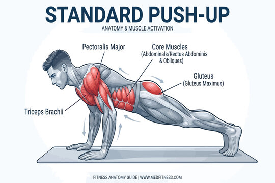 Anatomical diagram showing muscle activation during a standard pushup exercise including pectoral and core muscles for fitness training