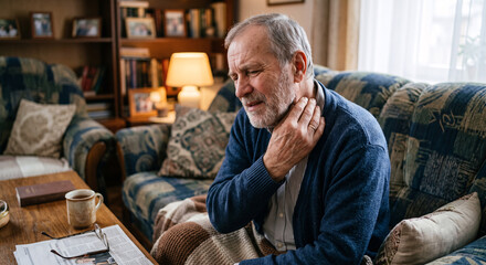 Fototapeta premium Stressed senior man sitting on sofa and holding his painful neck suffering from arthritis or muscle strain