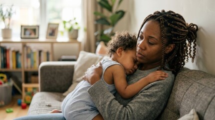 Obraz premium Close-up of Black mother resting on sofa while holding sleeping toddler against her chest, calm yet weary expression, braided hair, striped romper, soft window light, cozy home setting