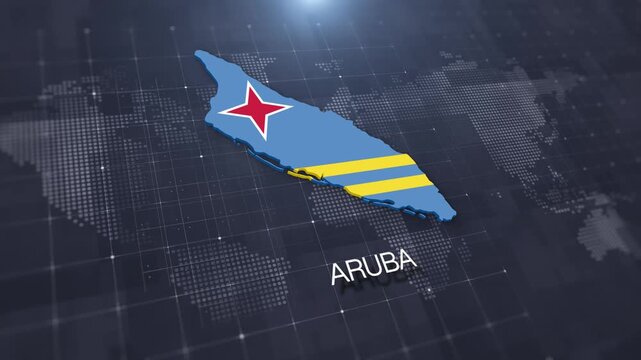 Aruba map with national flag on digital world map background, geographic border, global political and international news concept
