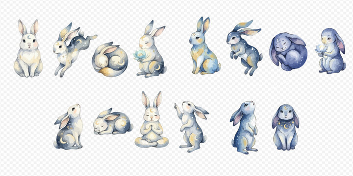 Set of cute watercolor rabbits in various poses, perfect for Easter and spring designs.
