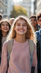 Fototapeta premium Radiant young woman with curly blonde hair beams with joy, surrounded by peers on a sunny city street. Her genuine smile captures the essence of youth and optimism.