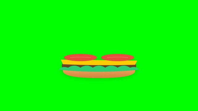Flat Design Cheeseburger Icon on Green Screen Background, Delicious Fast Food Hamburger Illustration with Meat Cheese and Lettuce for Video Editing