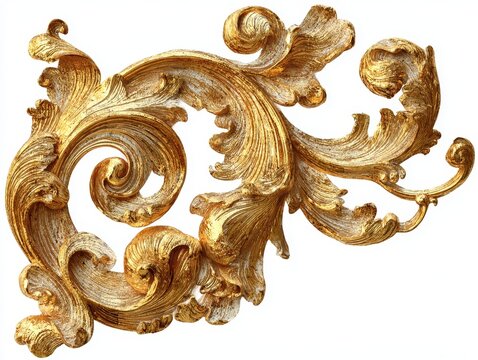 Ornate gold baroque acanthus leaf scroll isolated on white background