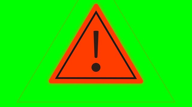 Orange Warning Sign with Exclamation Mark on Green Screen Background - Hazard Alert Symbol for Safety Caution Danger and Error Message Notification