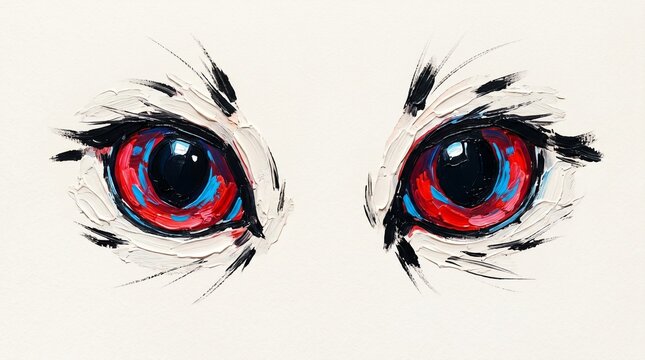 Artistic oil painting of red cat eyes illustration perfect for modern textile design, t-shirt print, and home decor background. Expressive textured impasto cat eyes close up vector background