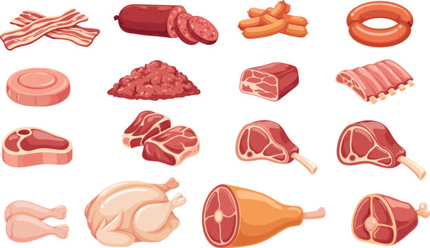 Raw Meat and Butchery Products Vector Icon Set Featuring Beef Steak, Pork Ribs, Bacon, Sausages, Chicken, and Ham for Food Design