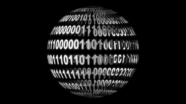 Loopable: Sharp white binary digital code on spherical surface abstract background with randomly changing zeros and ones isolated on black.