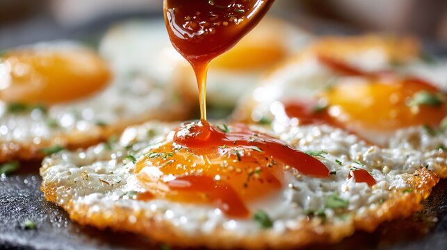 A close up top-down shot of hot sauce being drizzled over fried eggs with glossy motion detail and soft reflections