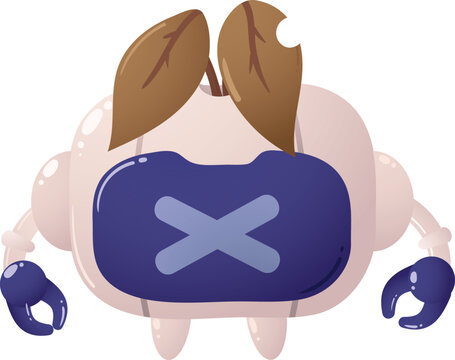 Cute cartoon creature wears headset with blue X mark