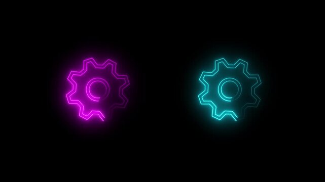 Two gear rotating animation with 2d concept ,Glow Gear Business Icon Split on Black Background, Cog wheels symbol reveal