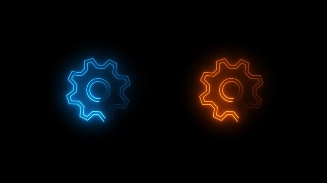 Two gear rotating animation with 2d concept ,Glow Gear Business Icon Split on Black Background, Cog wheels symbol reveal