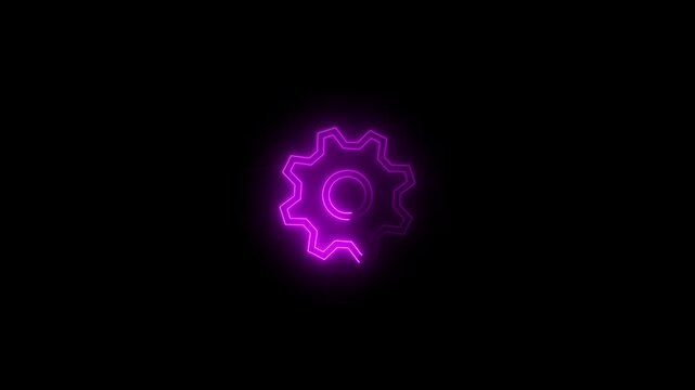 A glowing neon gear icon spins slowly with a smooth, continuous motion. The vibrant colors pulse rhythmically, creating a dynamic, futuristic effect against a dark background.