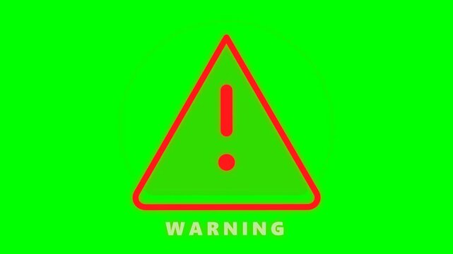 Red Warning Triangle Sign with Exclamation Mark and Text on Chroma Key Green Screen Background for Video Editing and Graphic Design Projects