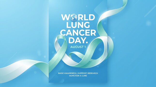 World Lung Cancer Day Awareness Ribbon Poster with Modern Typography on Blue Background