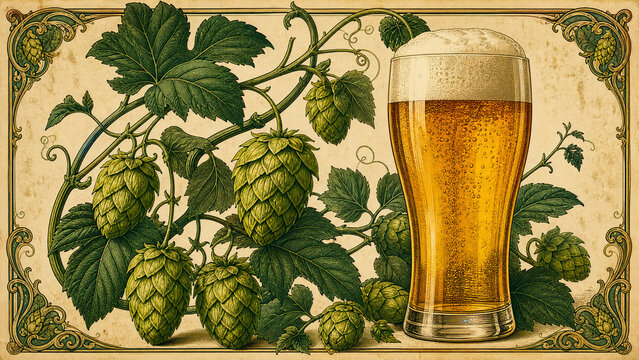 Vintage Chromolithograph Hop Vine and IPA Beer for Craft Brewery Print