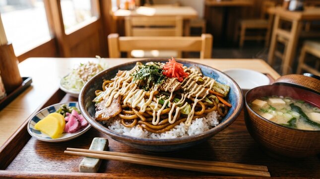 マヨネーズがかけてあるソース焼きそばがどんぶりごはんに乗せられている「ソースマヨネーズ焼きそば丼定食」のクローズアップポートレート