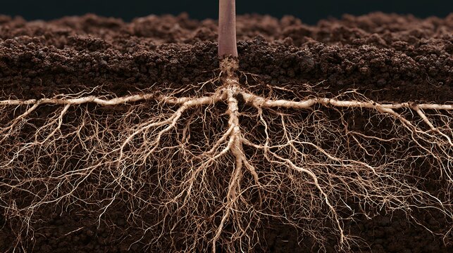 Cross section of plant roots growing deep underground in dark soil.