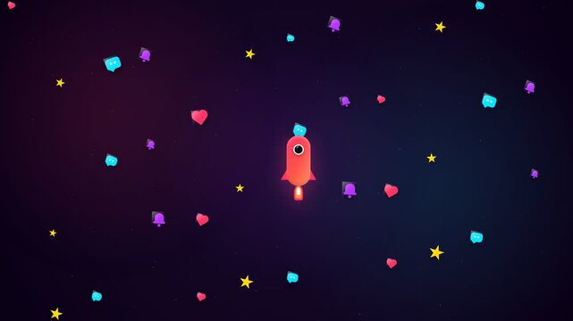 Social Media Engagement Growth Concept with Flying Rocket and Follow Plus Button in Digital Space