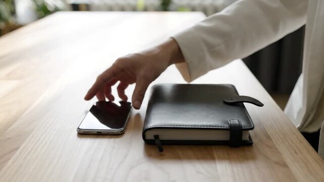 Hand Placing Smartphone Near Black Planner on Wooden Desk