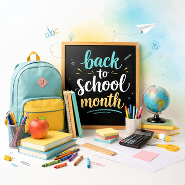 Back to School Month concept with blackboard, backpack, books, stationery, and globe