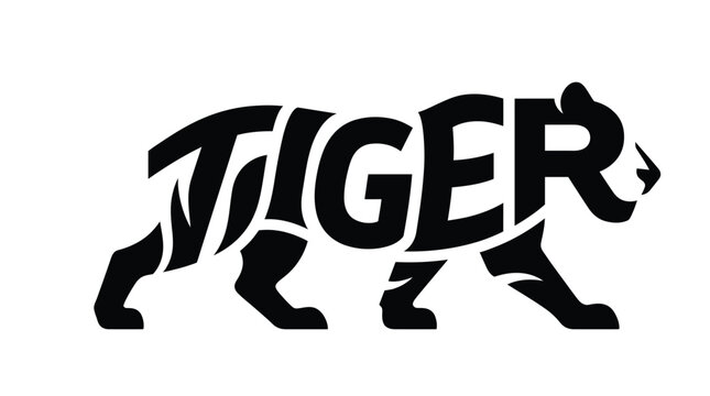 Creative black typographic vector illustration shaping the prowling body silhouette of a wild forest tiger isolated on a white backdrop