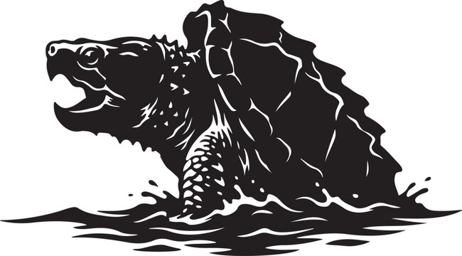 Aggressive alligator snapping turtle emerging from water with mouth open, powerful wild animal illustration.